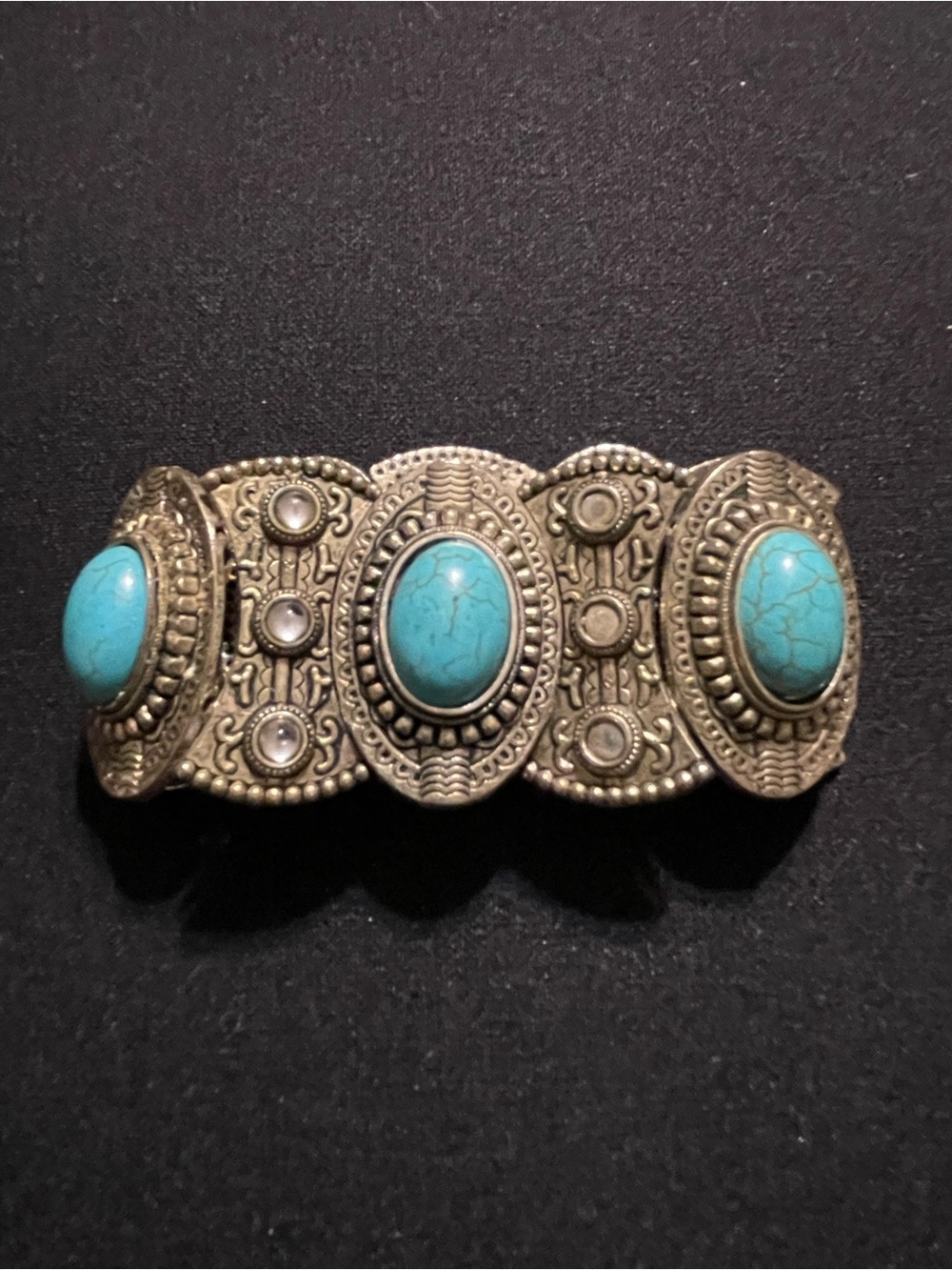 Turquoise Stone Ornate Silver-Tone Stretch Bracelet - Turquoise